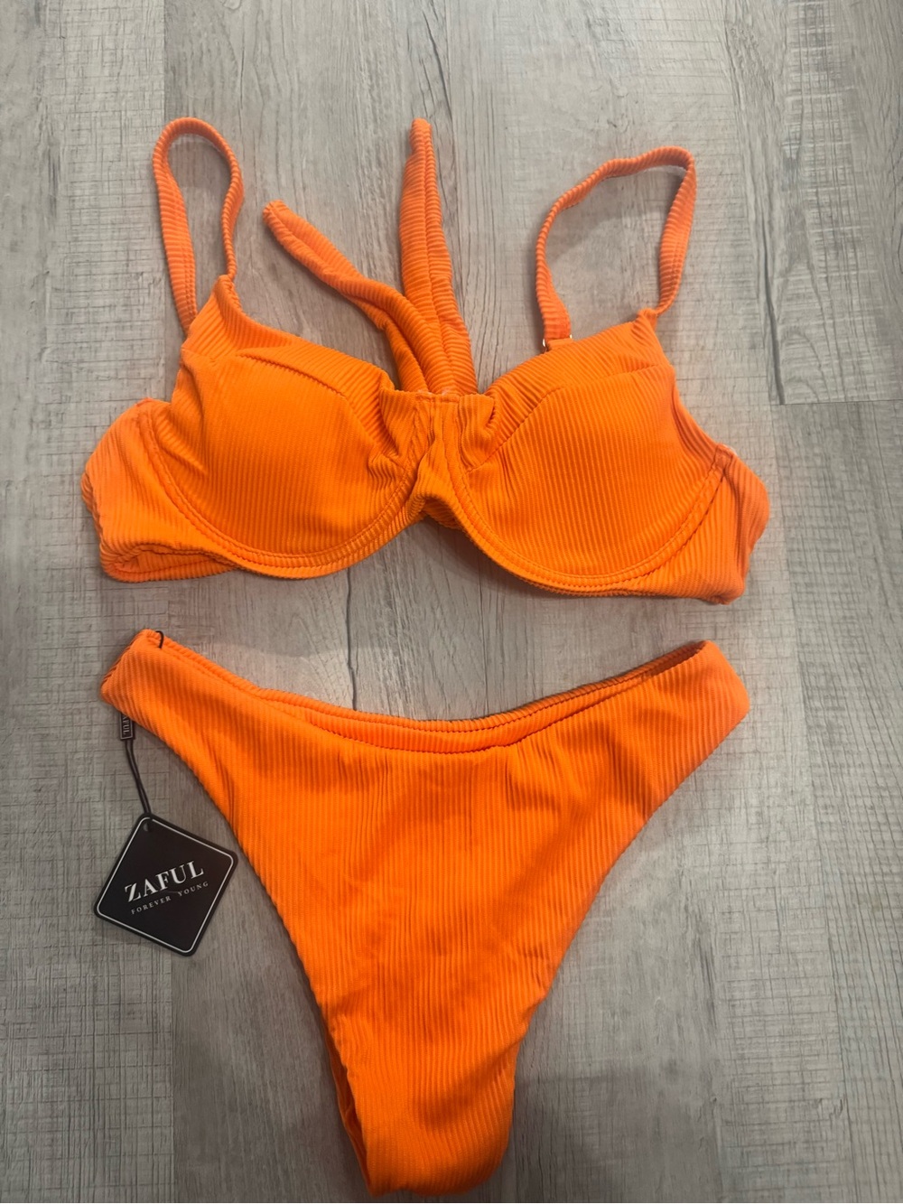 Zaful Orange Ribbed Underwire Bikini Set